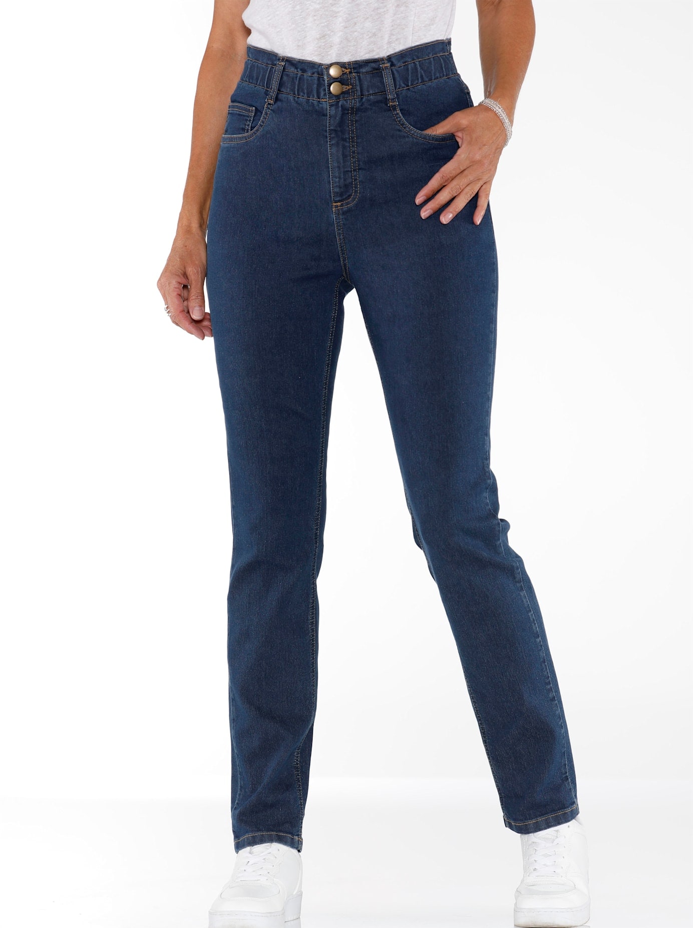 Bequeme Jeans CLASSIC BASICS, Damen, Gr. 44, Normalgrößen, blau (blau, stone, washed), 81% Baumwolle, 17% Polyester, 2% Elasthan, unifarben, lang, Jeans Image
