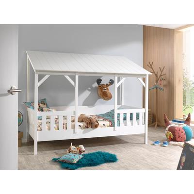 Kinderbett VIPACK "Hausbett, aus MDF und Massivholz, Dach schwarz oder weiß", weiß, B:105cm H:174cm L:214cm, Betten, wahlweise mit oder ohne Bettschublade auf Rollen