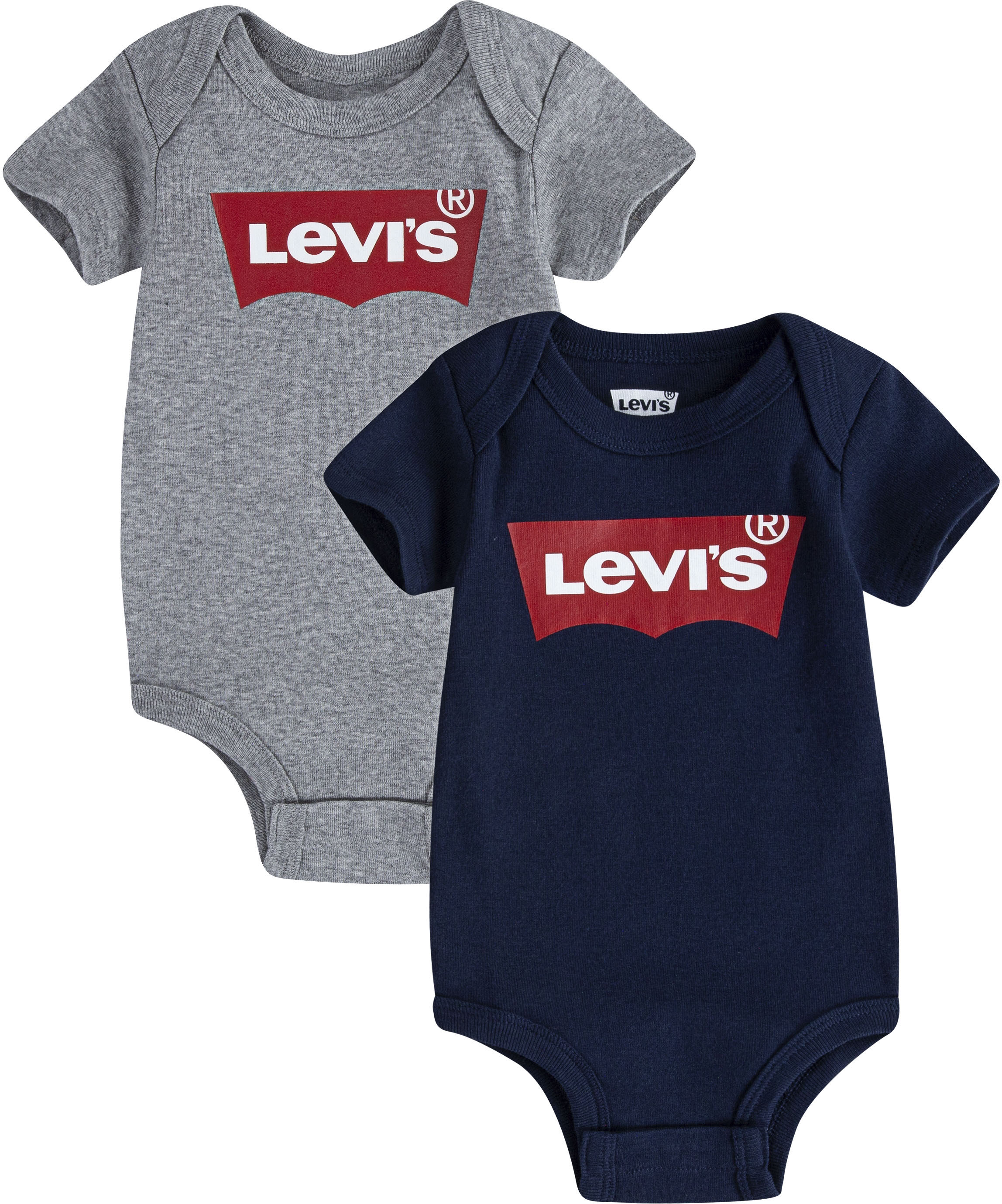 Kurzarmbody LEVI'S KIDS "BATWING 2PK BODYSUIT", Baby, Gr. 1 (62/68), N-Gr, blau (grau, meliert, blau), Jersey, Obermaterial: 60% Baumwolle, 40% Polyester, bedruckt, casual, Basic, amerikanischer Ausschnitt, Bodys, UNISEX von Levi's Kids für Babys Image