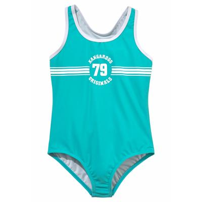 Badeanzug KANGAROOS "Sporty", Kinder, Gr. 134/140, N-Gr, blau (türkis), Polyamid, unifarben, kontrastfarbene Details, Badeanzüge, mit sportlichem Frontdruck Image