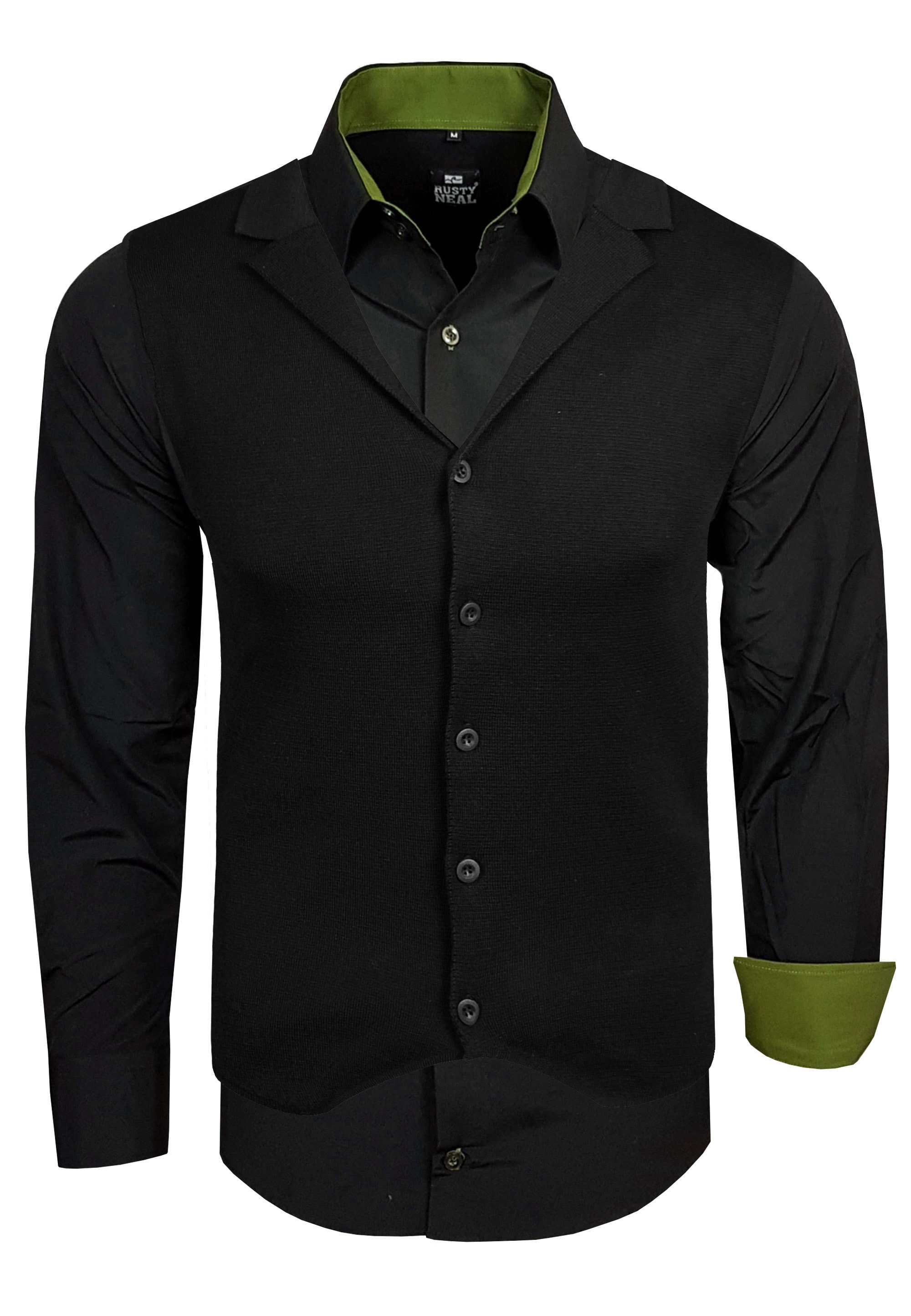 Langarmhemd RUSTY NEAL, Herren, Gr. 3XL, EURO-Größen, bunt (schwarz, khaki), 60% Baumwolle, 37% Polyester, 3% Elasthan, mehrfarbig, Hemden, inklusive Langarmhemd und Weste Image