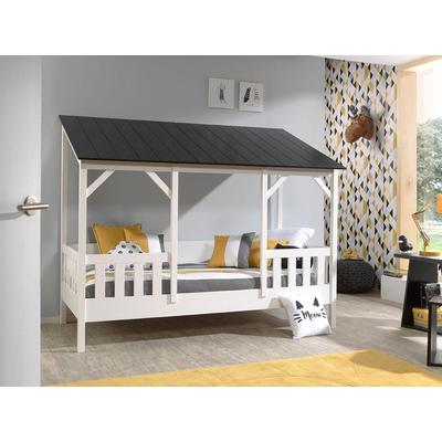 Kinderbett VIPACK "Hausbett, aus MDF und Massivholz, Dach schwarz oder weiß", schwarz-weiß (weiß, schwarz), B:105cm H:174cm L:214cm, Betten, wahlweise mit oder ohne Bettschublade auf Rollen