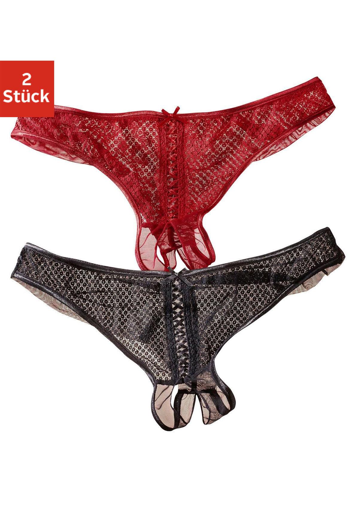 String-Ouvert PETITE FLEUR GOLD, Damen, Gr. 56/58, 2 Stk., rot (rot, schwarz), Netz, Obermaterial: 90% Polyamid, 10% Elasthan, Unterhosen, vorne mit sexy Schnür-Optik