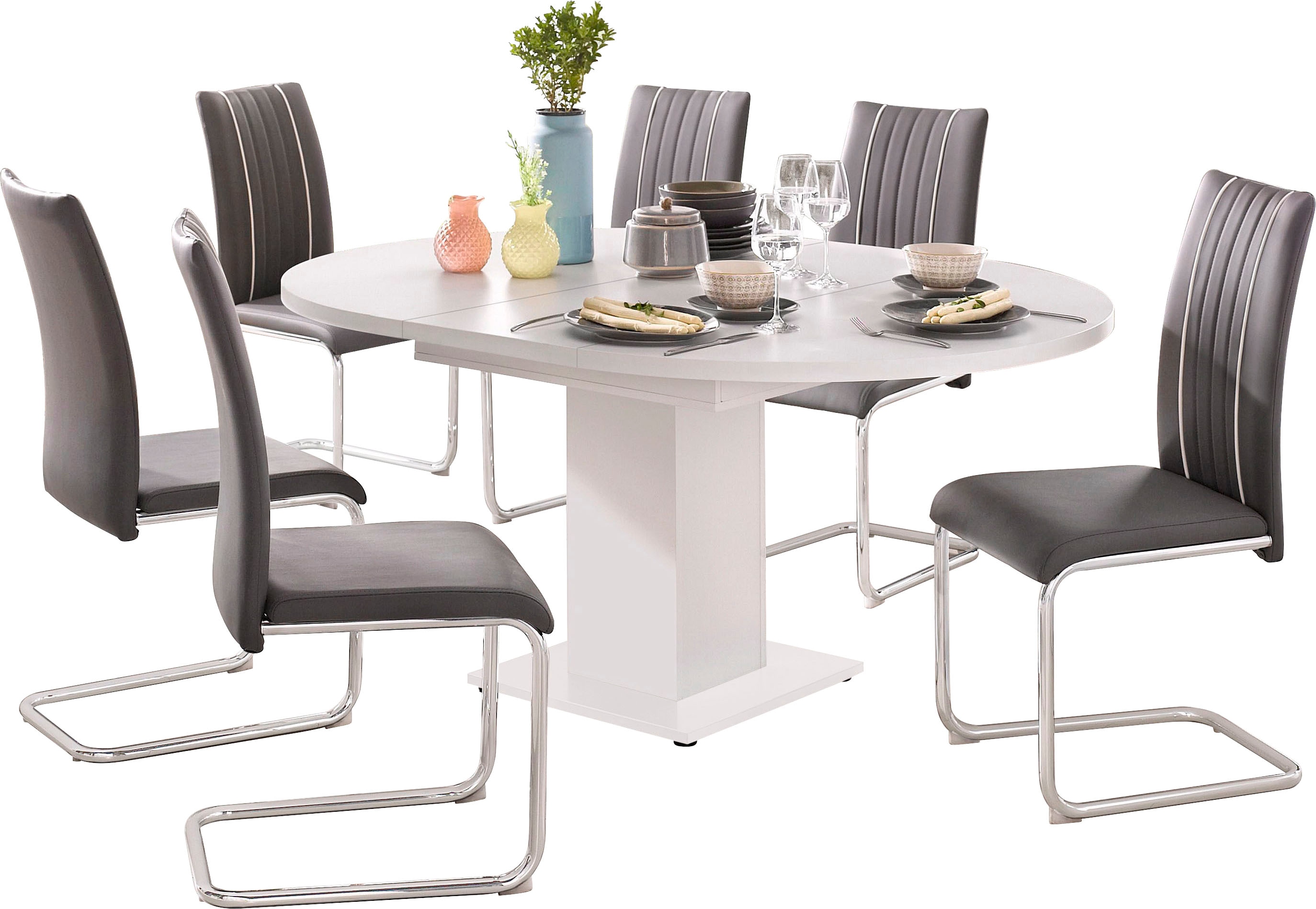 Esstisch MÄUSBACHER "TOPSELLER", weiß (weiß, matt, weiß matt, weiß matt), B:104cm H:75cm T:104cm, Tische, Esstisch, Mäusbacher Esstisch rund mit Auszug und Bodenplatte.