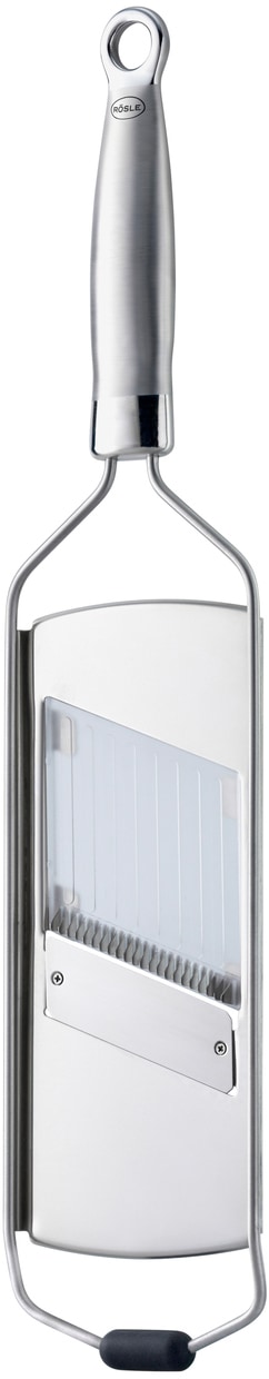 Julienneschneider RÖSLE, silber (edelstahlfarben), B:10,5cm H:3,5cm L:43,5cm, Edelstahl 18/10, Küchenschneider, Hobel mit 3 Einsätzen und Aufhängeöse, Edelstahl 18/10