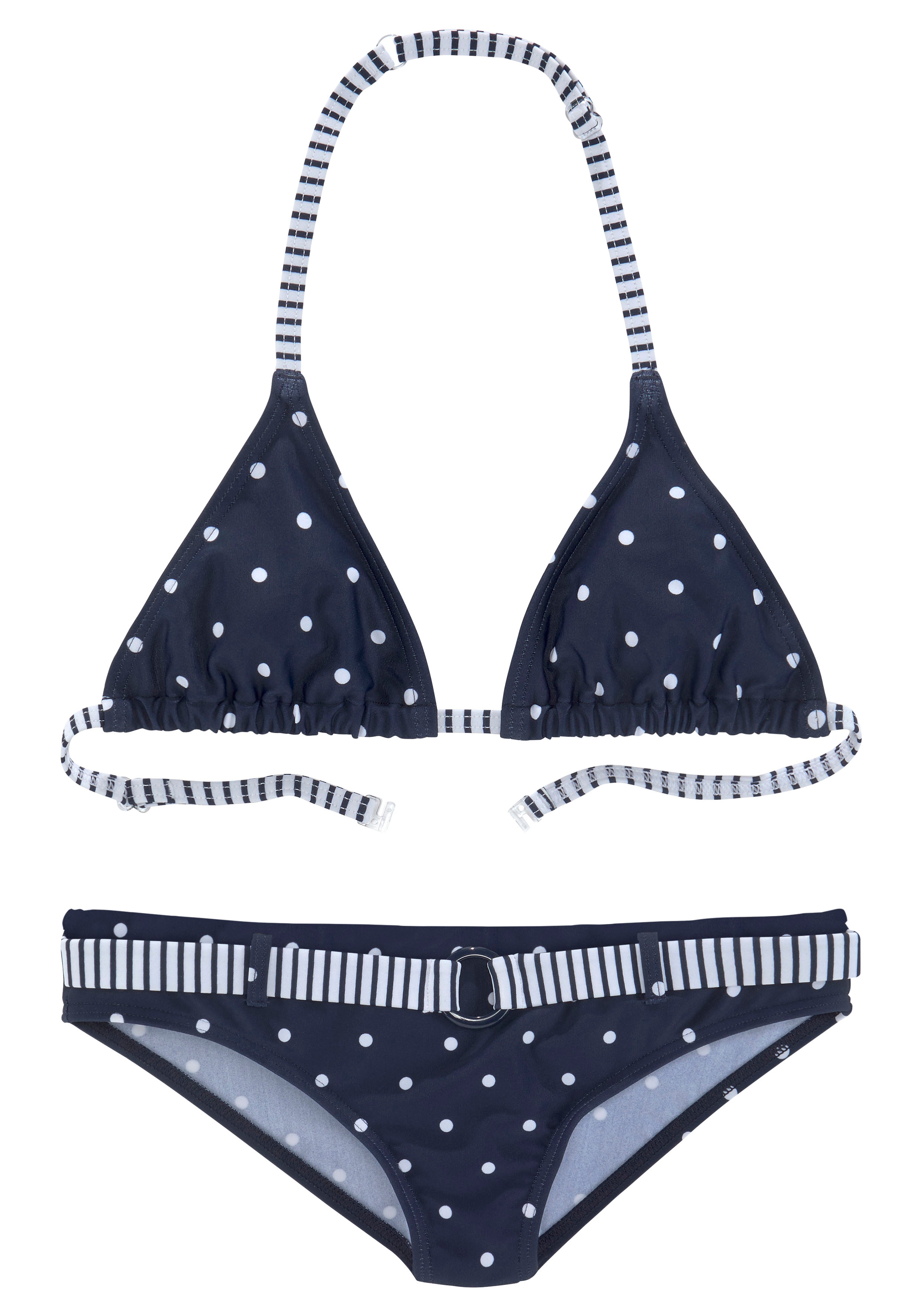 Triangel-Bikini S.OLIVER "Audrey Kids", Kinder, Gr. 134/140, N-Gr, blau (marine, weiß), Polyamid, geblümt, gestreift, Bikini-Sets, im Punkte-Streifen-Mix Image