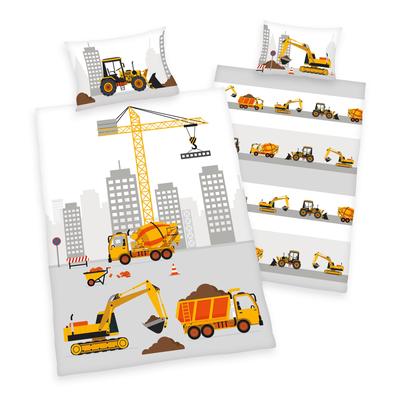 Babybettwäsche HERDING "Stadt Baustelle", grau (taupe), B/L: 100cm x 135cm, , Renforcé, B/L: 60cm x 40cm, Renforcu00e9, Obermaterial: 100% Baumwolle, Bettwäsche, mit Baufahrzeugen Image