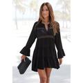 Longbluse LASCANA, Damen, Gr. 48/50, schwarz, Web, Obermaterial: 100% Viskose. Spitze: 100% Baumwolle, modisch, figurumspielend kurz, V-Ausschnitt, Langarm Volant, Blusen, mit Spitzeneinsätzen, Tunika, Blusenkleid, Strandmode
