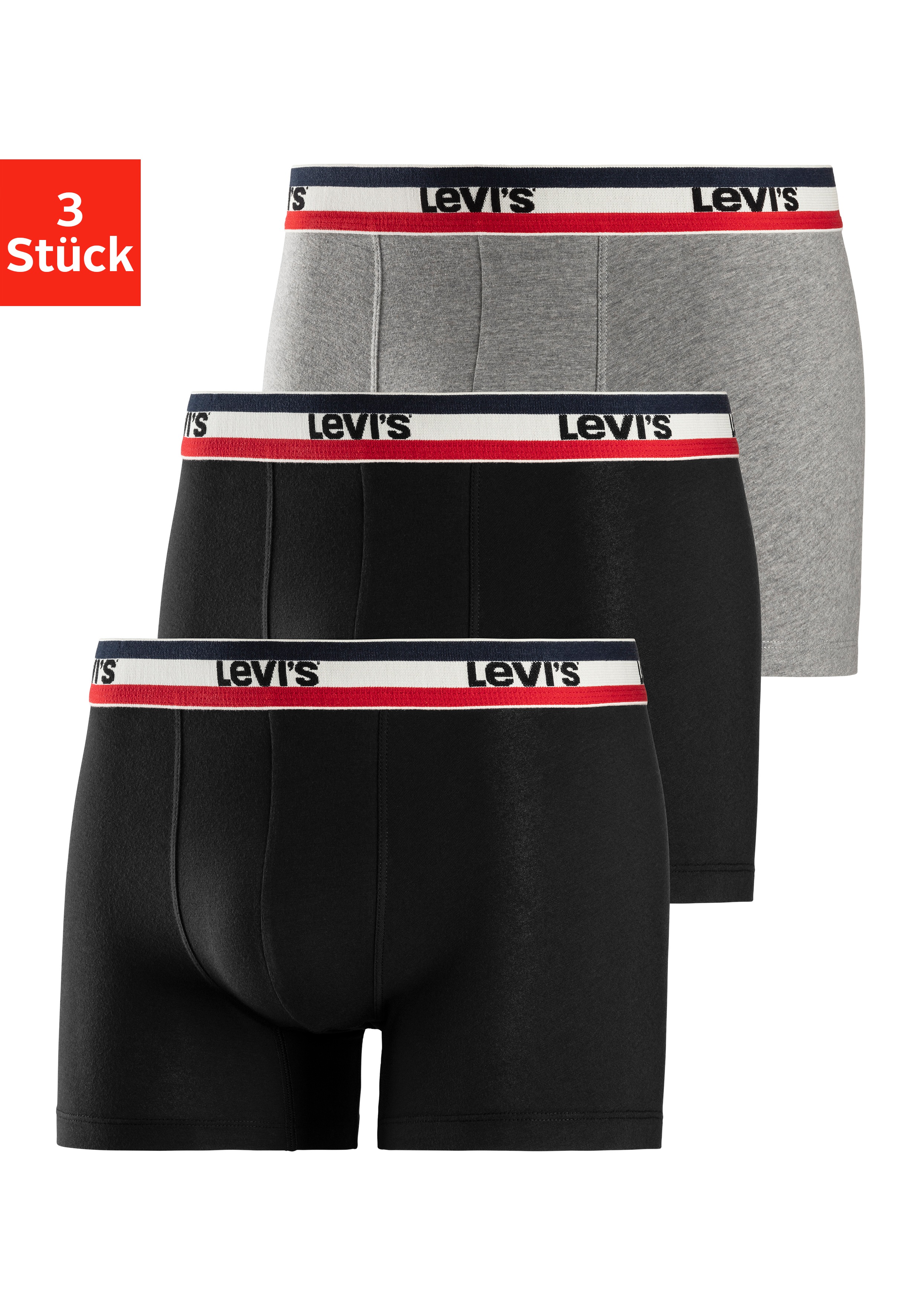 Boxer LEVI'S, Herren, Gr. M, schwarz (schwarz, grau, meliert, schwarz), Jersey, Obermaterial: 95% Baumwolle, 5% Elasthan, bedruckt, unifarben mit Farbeinsatz, eng, Unterhosen, mit kontrastierendem Logo-Bund Image