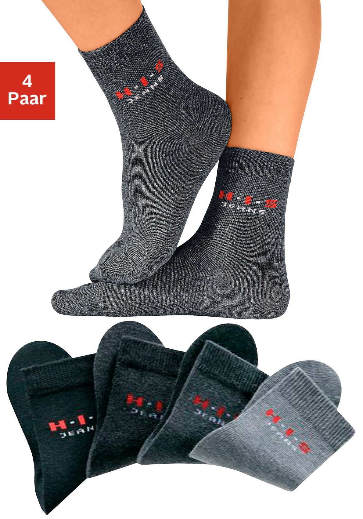 Basicsocken H.I.S, Kinder, Gr. 31-34, schwarz (schwarz, anthrazit, grau, mittelgrau), Baumwolle, Elasthan (LYCRA), Polyamid, unifarben, elastisch, Socken, mit kontrasfarbenem Logo Image