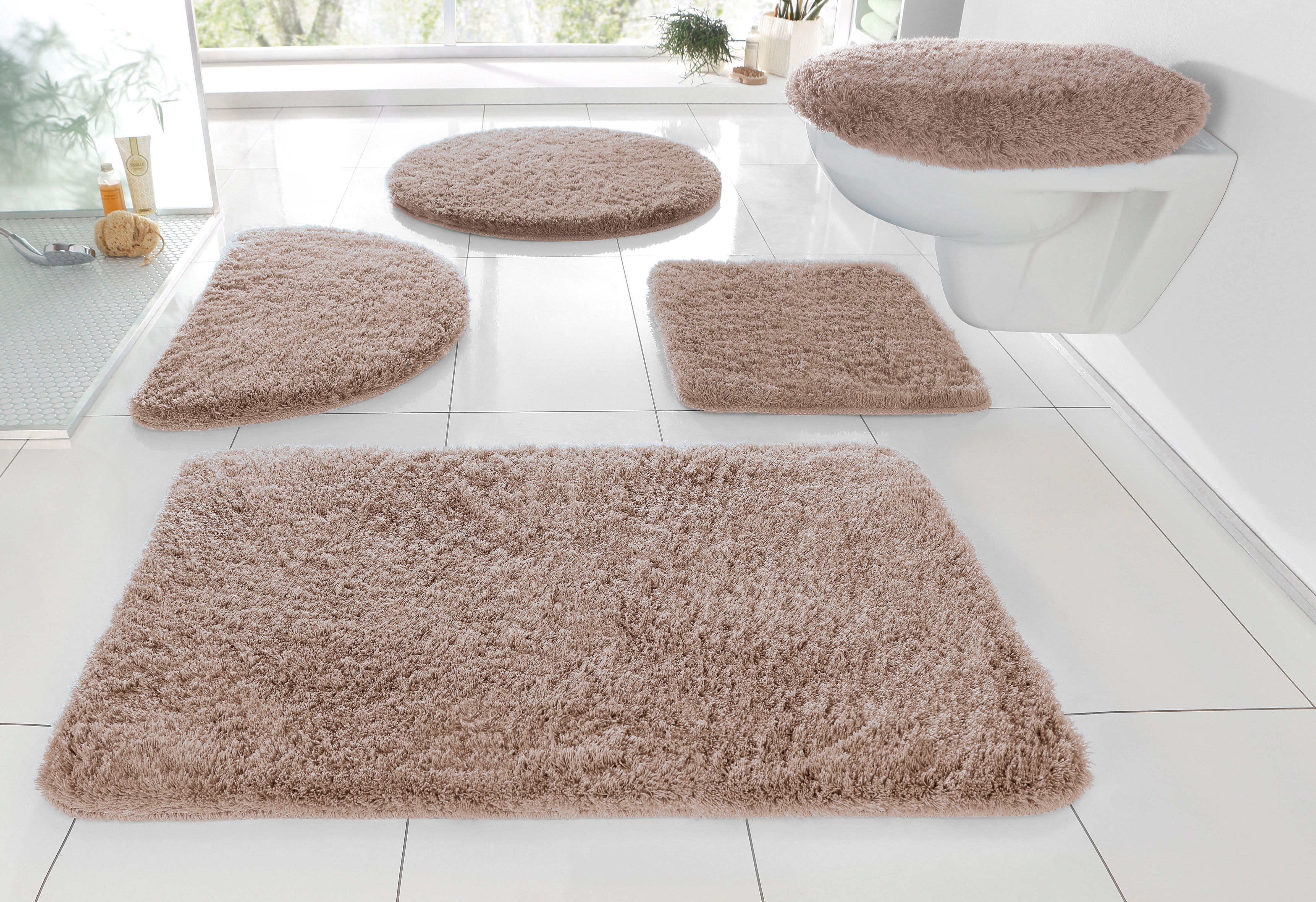 Badematte MY HOME "Merida, Badvorleger, Badezimmer Teppich" Gr. 5, beige, H:32mm, Kunstfaser, Badematten, Badematte, Badteppich, Uni Farben, rechteckig, rund & als 2-tlg. Set erhältlich