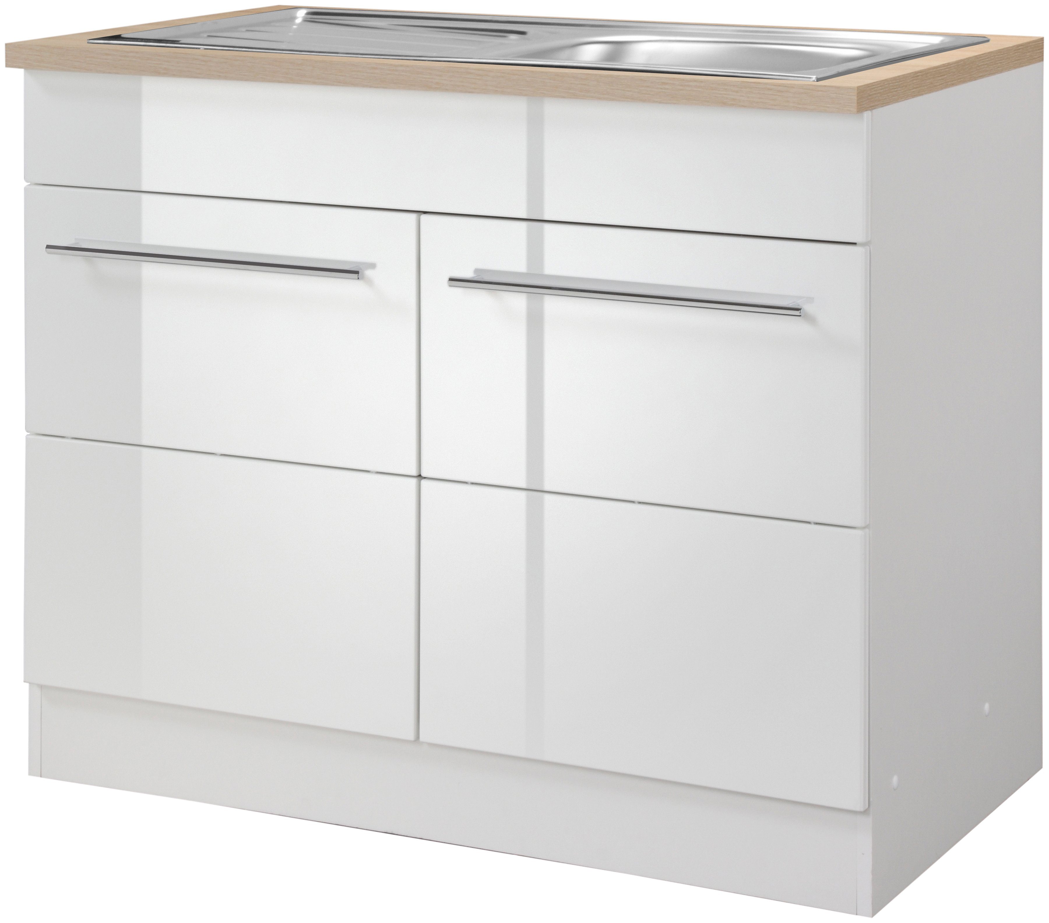 Spülenschrank KOCHSTATION "KS-Wien", weiß (weiß hochglanz), B:100cm H:85cm T:60cm, Holzwerkstoff, MDF, Schränke, Spülenschrank, Breite 100 cm, inkl. Einbauspüle