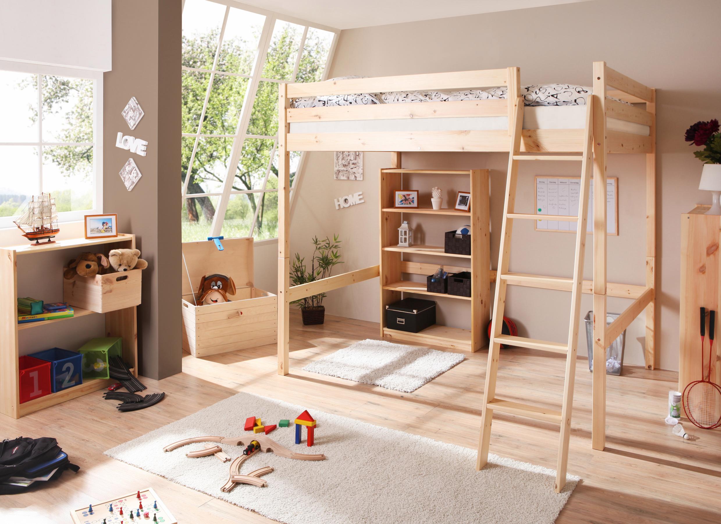 Hochbett TICAA, beige (kiefer massiv natur), B:198cm H:189cm L:208cm, Hochbetten, Hochbett, mit Rollrost in 2 Breiten, Kiefer