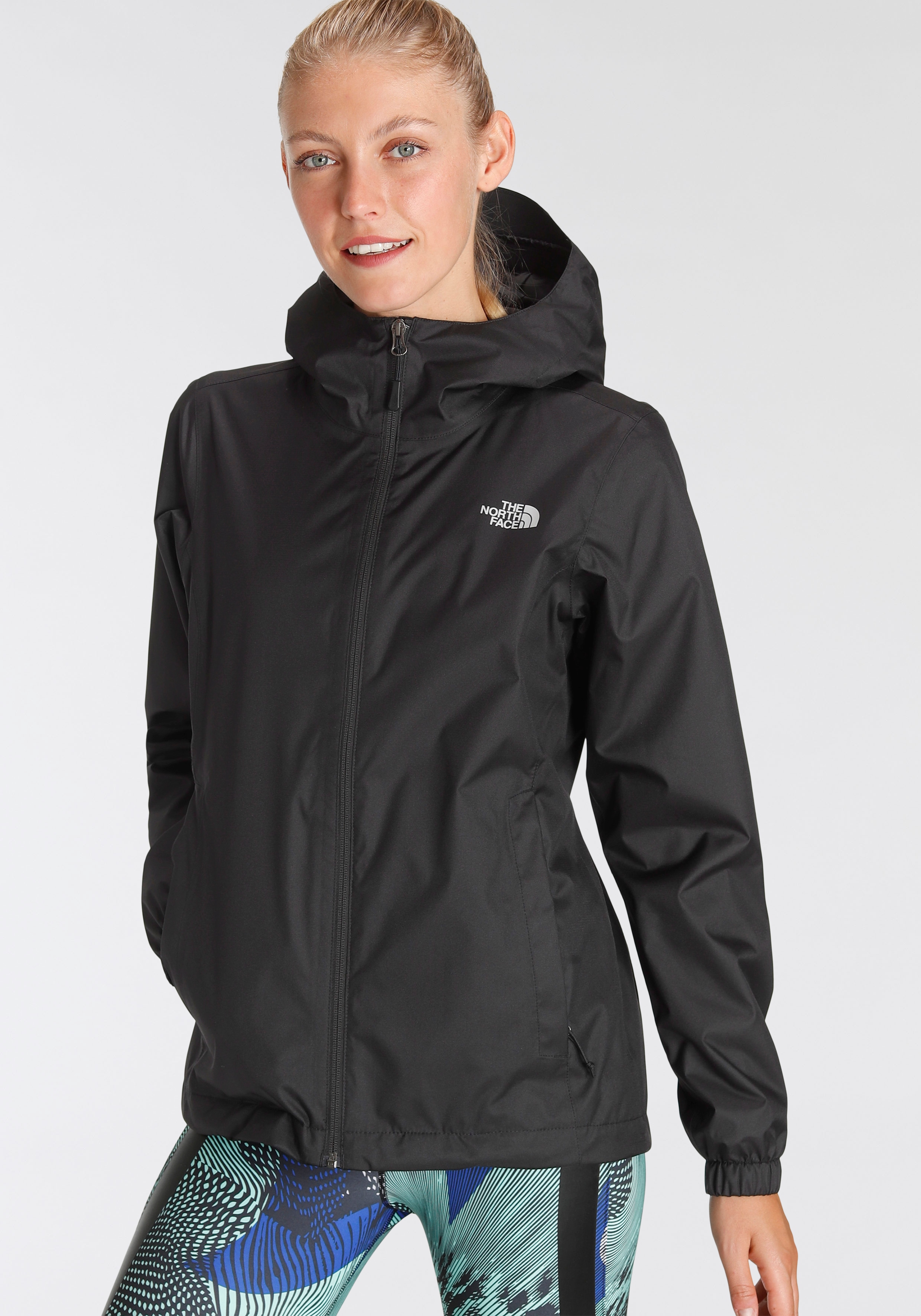Regenjacke THE NORTH FACE "QUEST", Damen, Gr. M (36), schwarz, Obermaterial: 100% Polyester. Futter: 100% Polyester, hoch geschlossener Ausschnitt, mit Gummizug, Jacken Regenjacke, mit verstellbarer Kapuze, mit Cinch-Stopper am Saum, atmungsaktiv