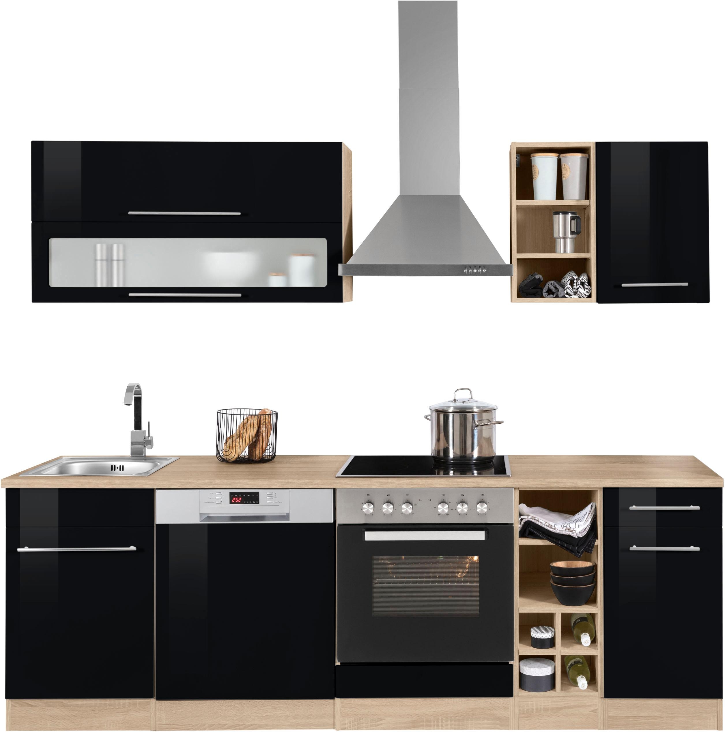 Küchenzeile KOCHSTATION "KS-Eton", schwarz (küche: schwarz, korpus: eichefarben, arbeitsplatte: eichefarben), B:240cm T:60cm, Komplettküchen-Sets, ohne E-Geräte, Breite 240 cm Image