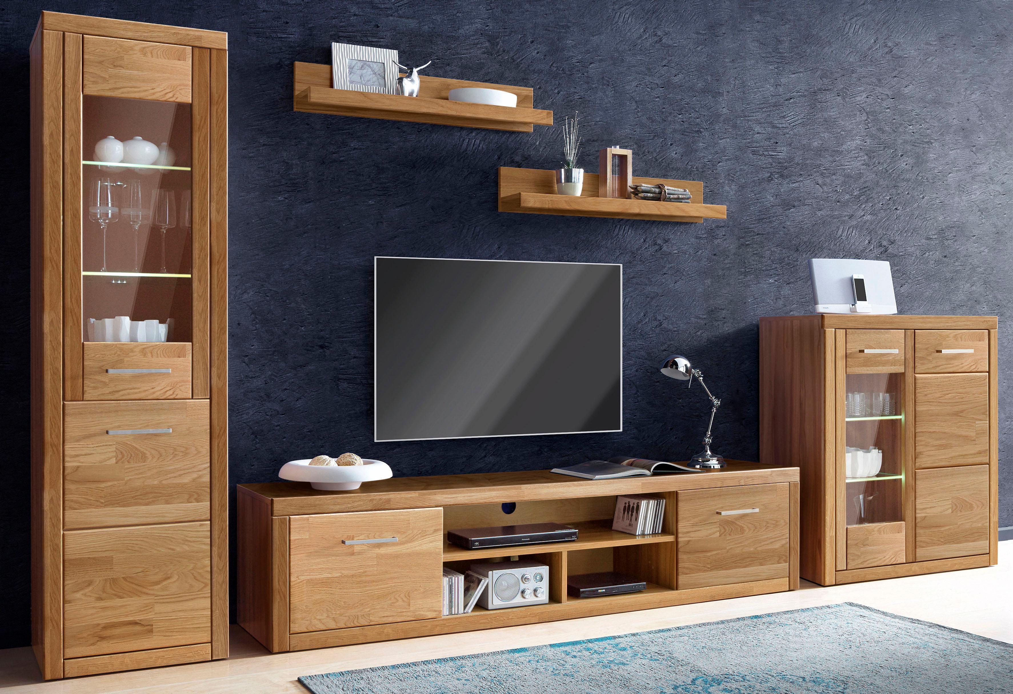 Wohnwand HOME AFFAIRE "Logo,Fronten Massivholz,Korpus Holzwekstoff,Böden versetzbar", braun (eiche teilmassiv), Holzwerkstoff eichefarben (Korpus) / Massivholz Eiche (Front), Holz teilmassiv, Kastenmöbel-Sets, Türanschlag hohe Vitrine wechselbar,bei...