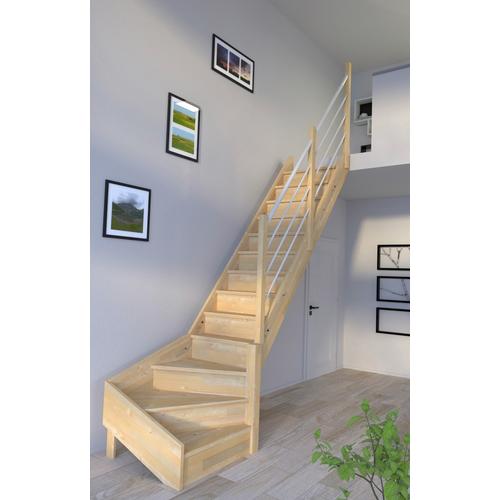 „STARWOOD Raumspartreppe „“Massivholz Korfu, Holz-Edelstahlgeländer Weiß““ Treppen gewendelt Rechts, Durchgehende Wangenteile Gr. gewendelt, beige (natur, weiß) Treppen“