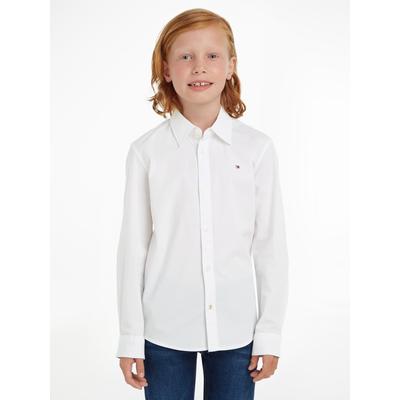 Langarmhemd TOMMY HILFIGER "SOLID STRETCH POPLIN SHIRT L/S", Jungen, Gr. 14/164, N-Gr, weiß, Web, Obermaterial: 97% Baumwolle, 3% Elasthan, klassisch, Basic schmal, Langarm 1-Knopf-Manschette, Hemden Festliche Hemden, für Jungen Image