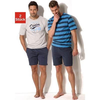 Pyjama H.I.S, Herren, Gr. 48/50 (M), blau (marine, grau, meliert, marine, aquablau), Jersey, Obermaterial: 100% Baumwolle, gestreift, bedruckt, Basic, bequem kurz, Rundhals, Kurzarm abgesteppte Kante, Homewear-Sets, Schlafanzug mit unterschiedlichem... Image