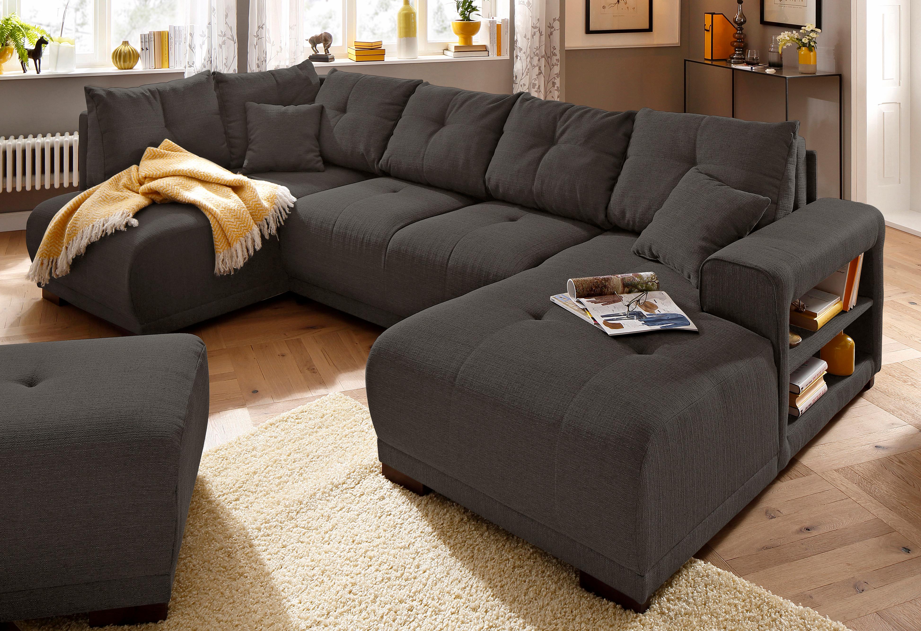 Wohnlandschaft HOME AFFAIRE "Viborg U-Form", braun, B:300cm H:91cm T:162cm, Filzoptik (100% Polyester);Struktur (100% Polyester);Struktur fein ( 100% Polyester), Sofas, Wohnlandschaft, mit Regal in der Armlehne, wahlweise mit Bettfunktion