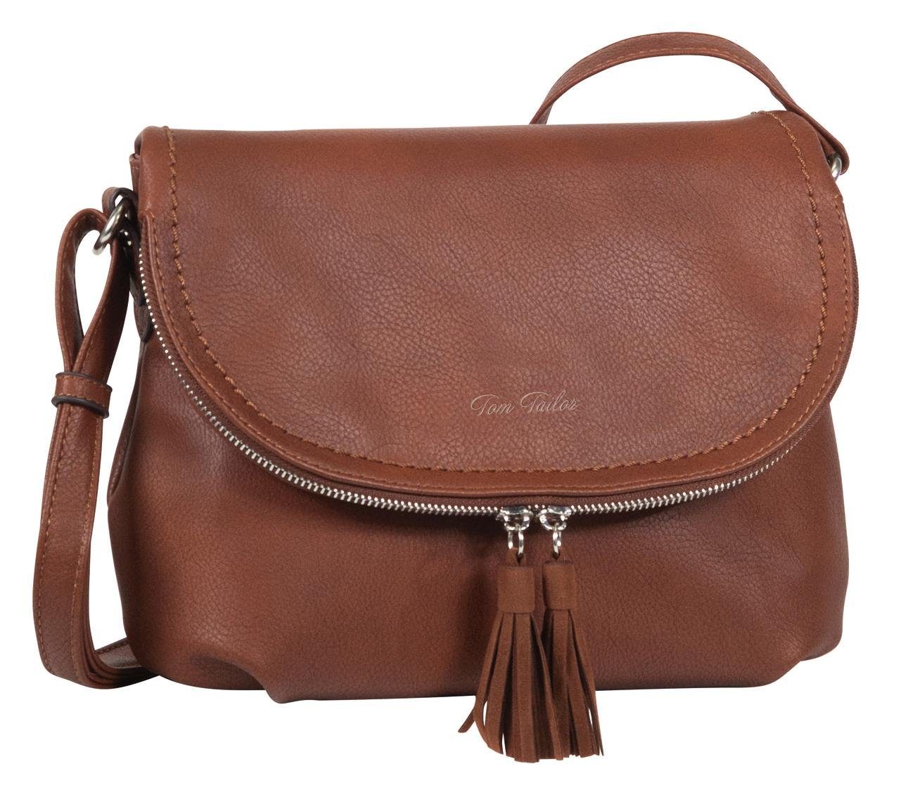 Umhängetasche TOM TAILOR "LARY", Damen, Gr. B/H/T: 29cm x 23cm x 7cm, braun (cognac), Lederimitat, Taschen Umhängetasche, Crossbody Bag mit modischen Quasten am Zipper