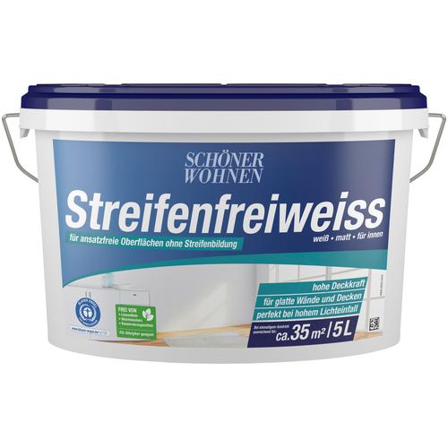 „SCHÖNER WOHNEN-FARBE Wand- und Deckenfarbe „“Streifenfreiweiss““ Farben weiß, für ansatzfreie Oberflächen ohne Streifenbildung Gr. 5 l 5000 ml, weiß Wandfarbe“