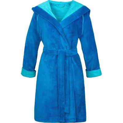 Damenbademantel ESPRIT "Cosy, ideal für Sauna & Spa, Hotelbademantel, Morgenmantel" Gr. S, blau (turquoise), L:97cm in Gr. S, Microfaser, Hausmäntel, mit Kapuze & Logostickerei, kurz Image