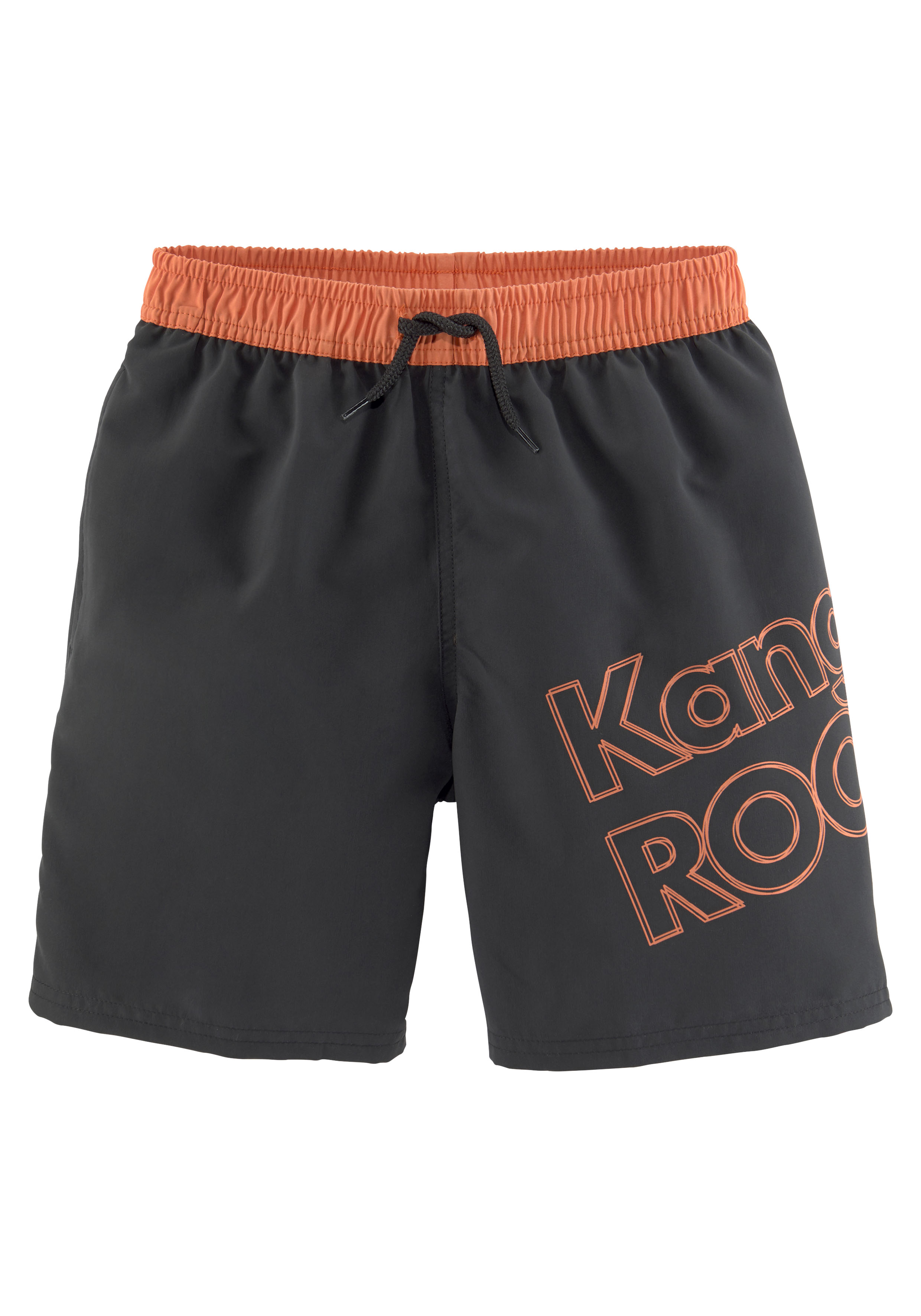 Badeshorts KANGAROOS "Adams Kids", Kinder, Gr. 158/164, N-Gr, orange (schwarz, orange), Microfaser, Polyester, unifarben mit Farbeinsatz, Badehosen, im Colorblocking-Design Image