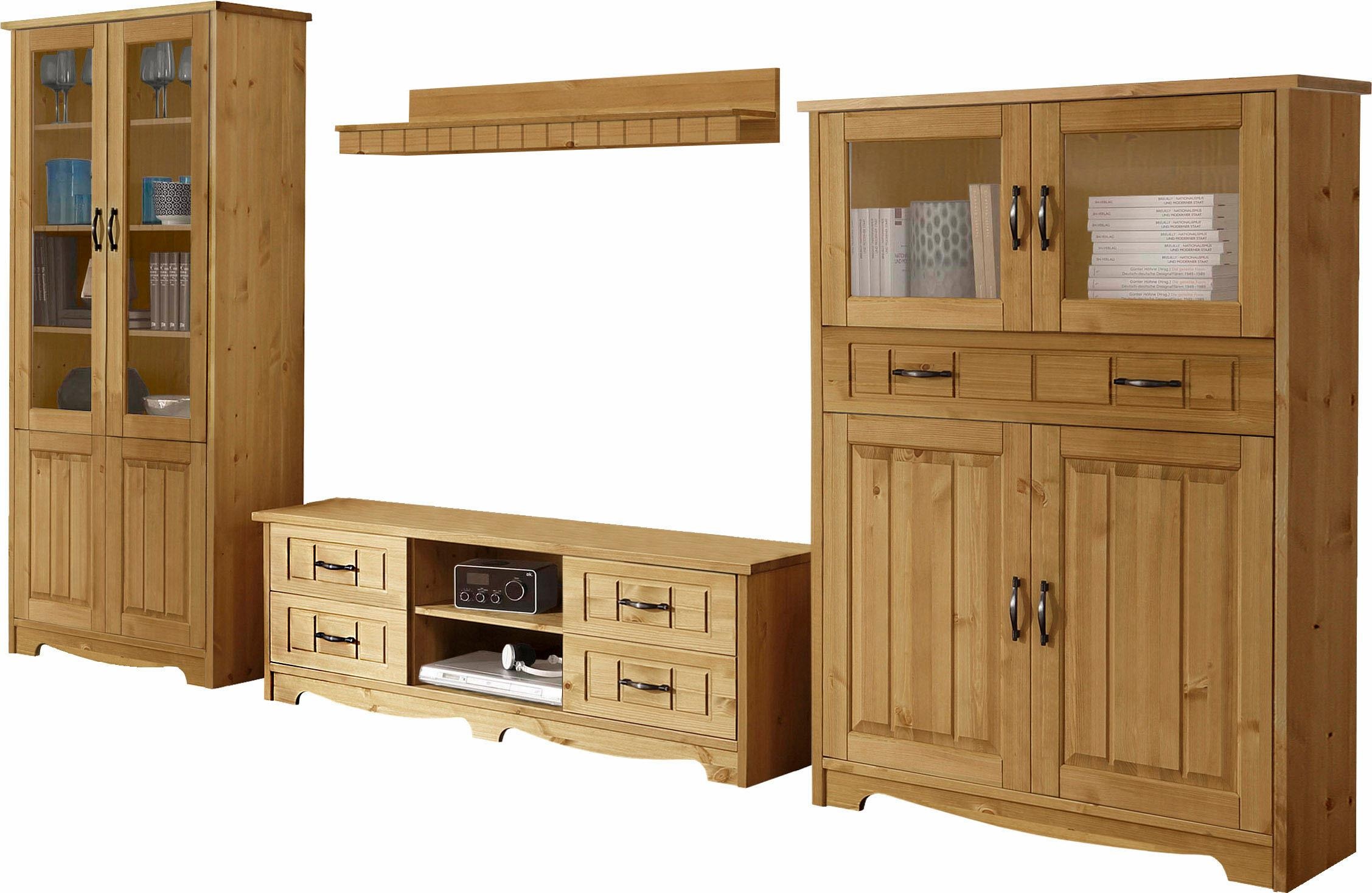 Wohnwand HOME AFFAIRE "Trinidad", beige (natur, geölt), Kastenmöbel-Sets, Holz Wohnwände Wohnwand, Set aus 1 Vitrine, 1 Lowboard, 1 Highboard, 1 Wandboard