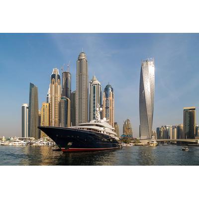 Fototapete PAPERMOON "DUBAI-JACHT HAFEN MEER STADT VAE BURJ KHALIFA SKYLINE", bunt, B:5,00m L:2,80m, Vlies, Tapeten Image