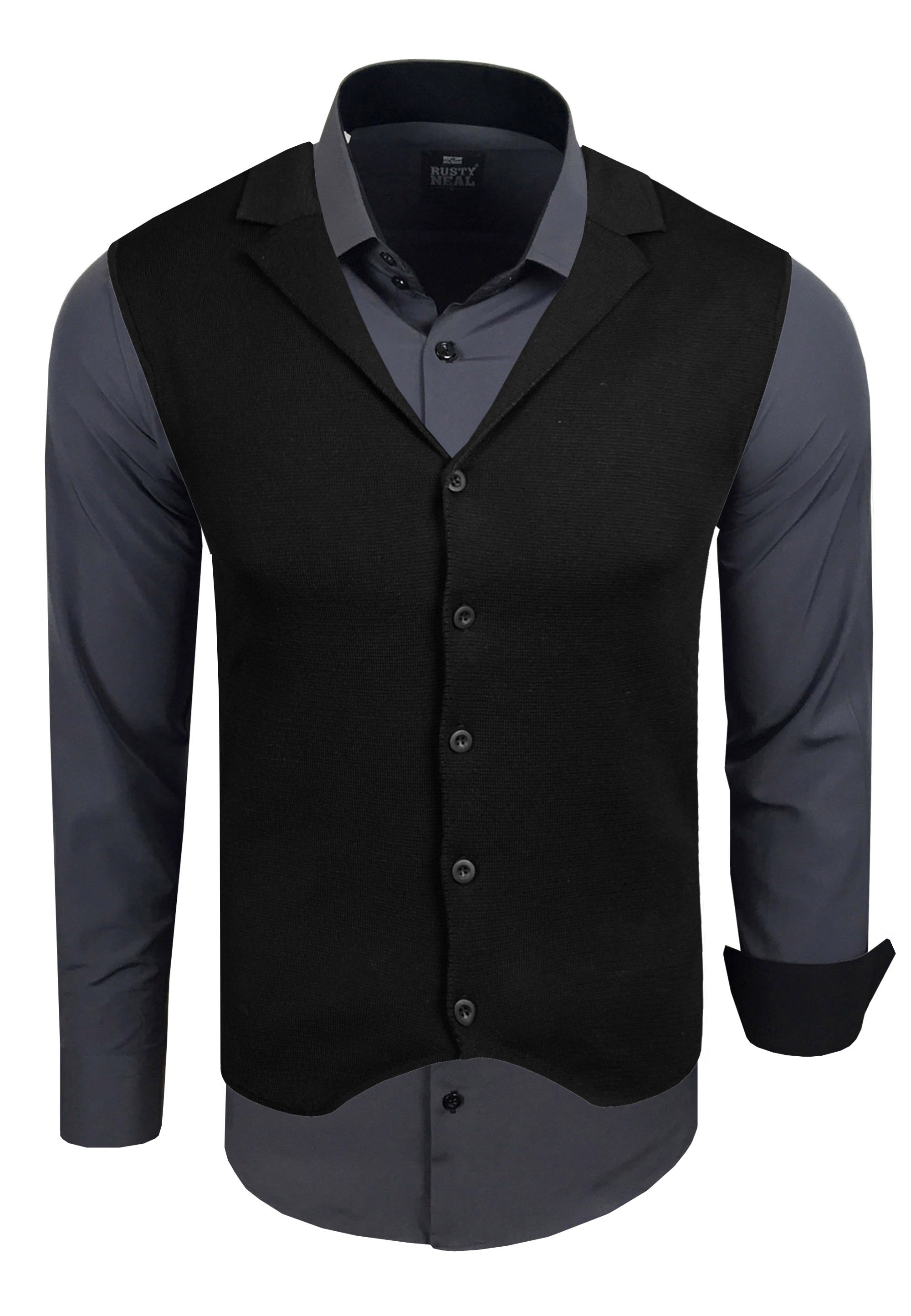 Langarmhemd RUSTY NEAL, Herren, Gr. S, EURO-Größen, grau (anthrazit), 60% Baumwolle, 37% Polyester, 3% Elasthan, mehrfarbig, Hemden, inklusive Langarmhemd und Weste