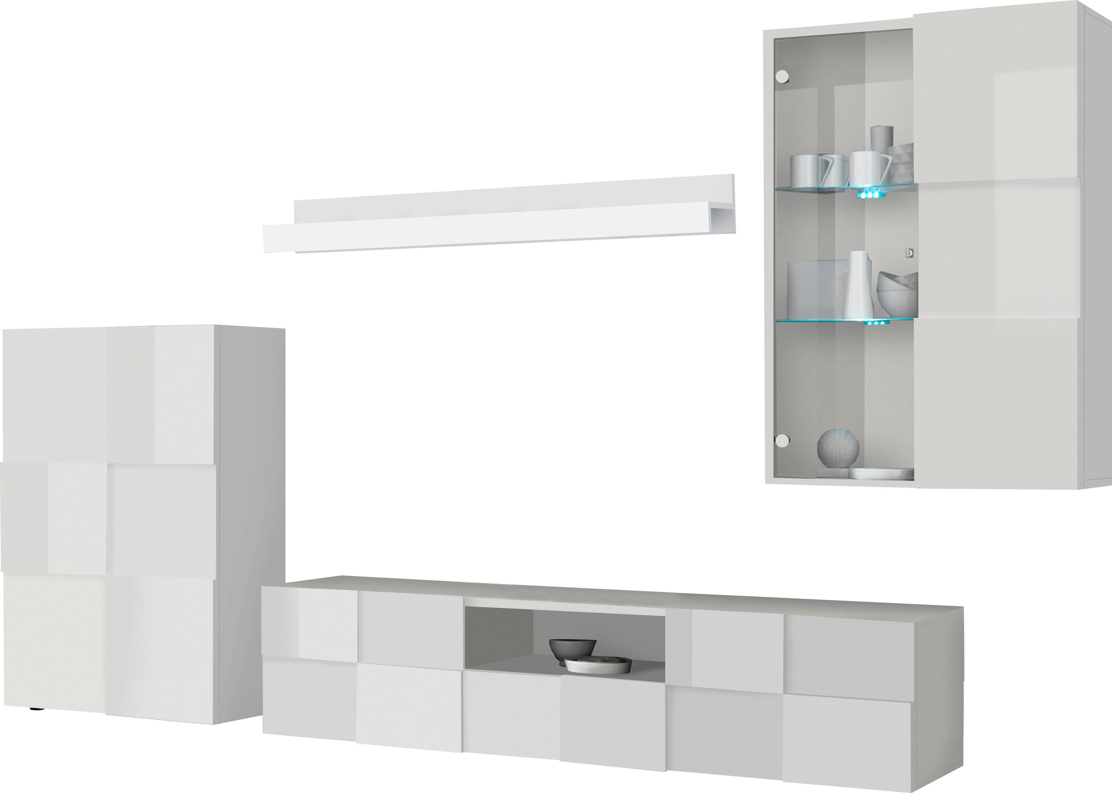 Wohnwand INOSIGN "Dama, 4tlg.Breite 300 cm, Höhe 200 cm, moderne Anbauwand in 3D-Optik", weiß (weiß hochglanz lack), Kastenmöbel-Sets, (Lowboard, Stauraumschrank, Hängevitrine, Wandboard) viel Stauraum