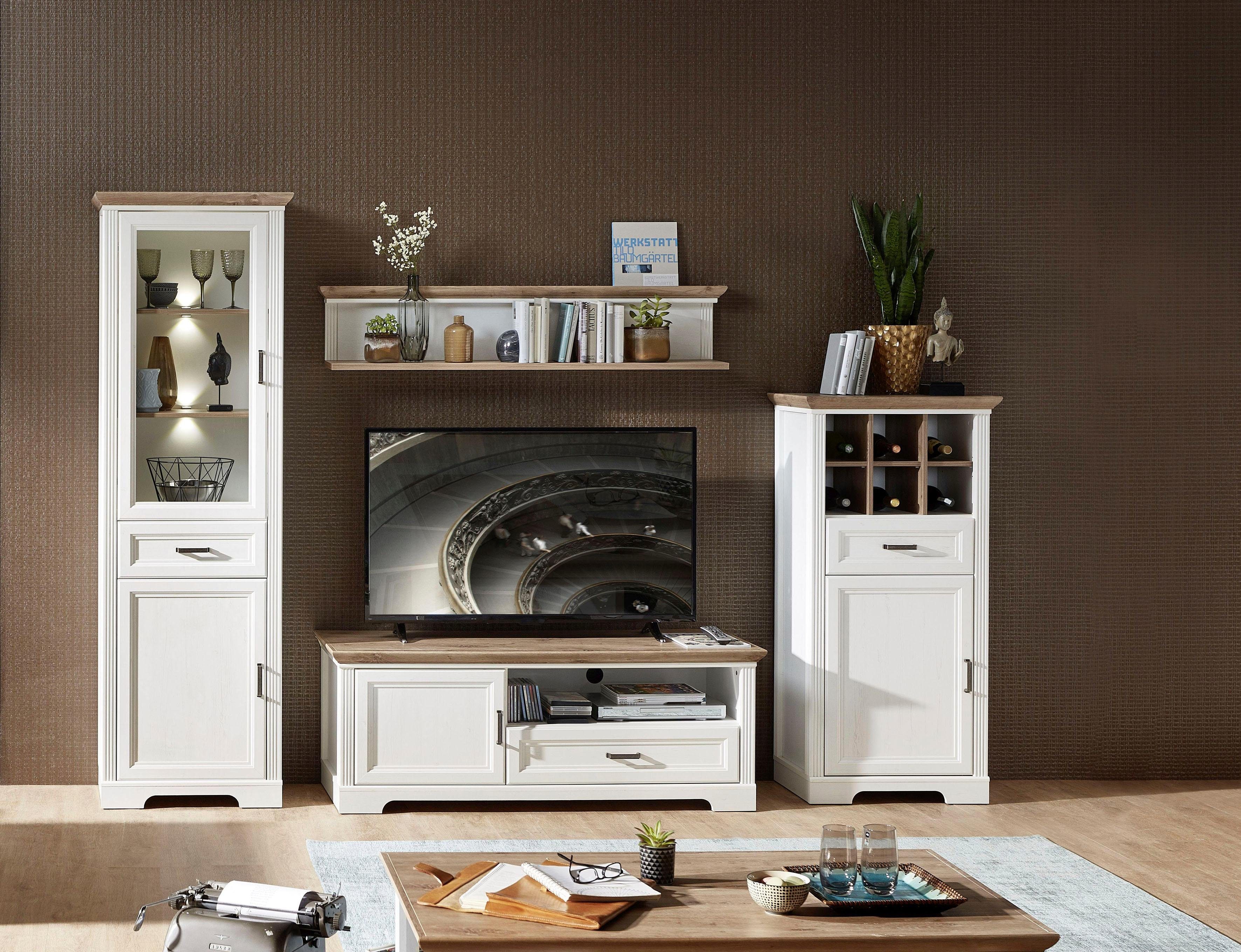 Wohnwand INNOSTYLE "Jasmin", weiß (piniefarbe, weiß, eichefarben), Holzwerkstoff piniefarben-weiß (Korpus)/MDF piniefarben-weiß (Front)/MDF eichefarben (Absetzung), Holzwerkstoff, MDF, Kastenmöbel-Sets, inkl. LED-Beleuchtung, mit Soft-Close-Funktion