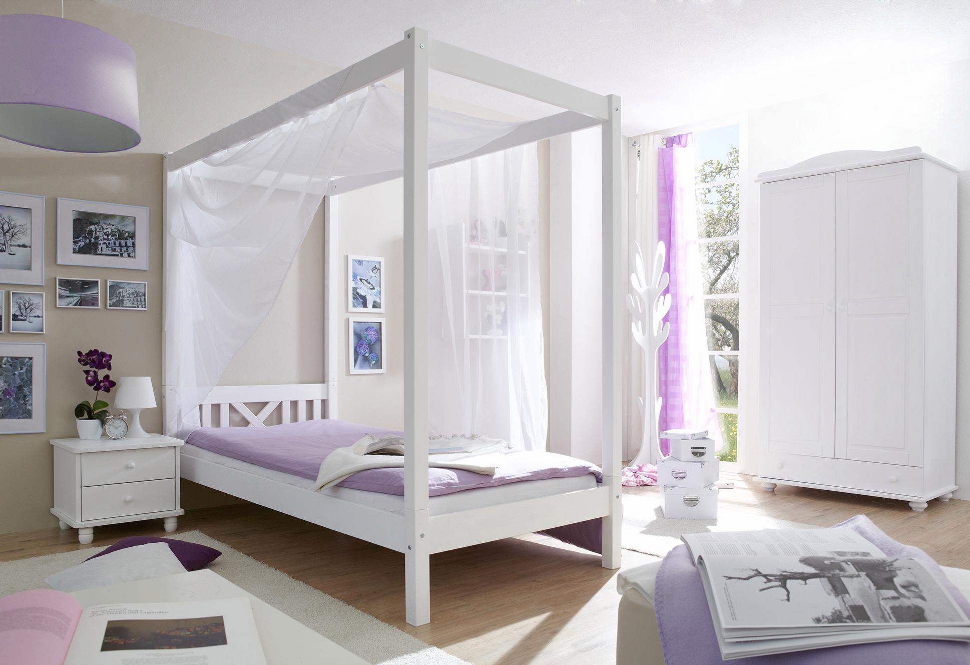 Himmelbett TICAA "LaLuna", weiß (kiefer massiv weiß gewachst), B:97,2cm, Betten, Himmelbett, aus Kiefer Massivholz, inkl. Rollrost