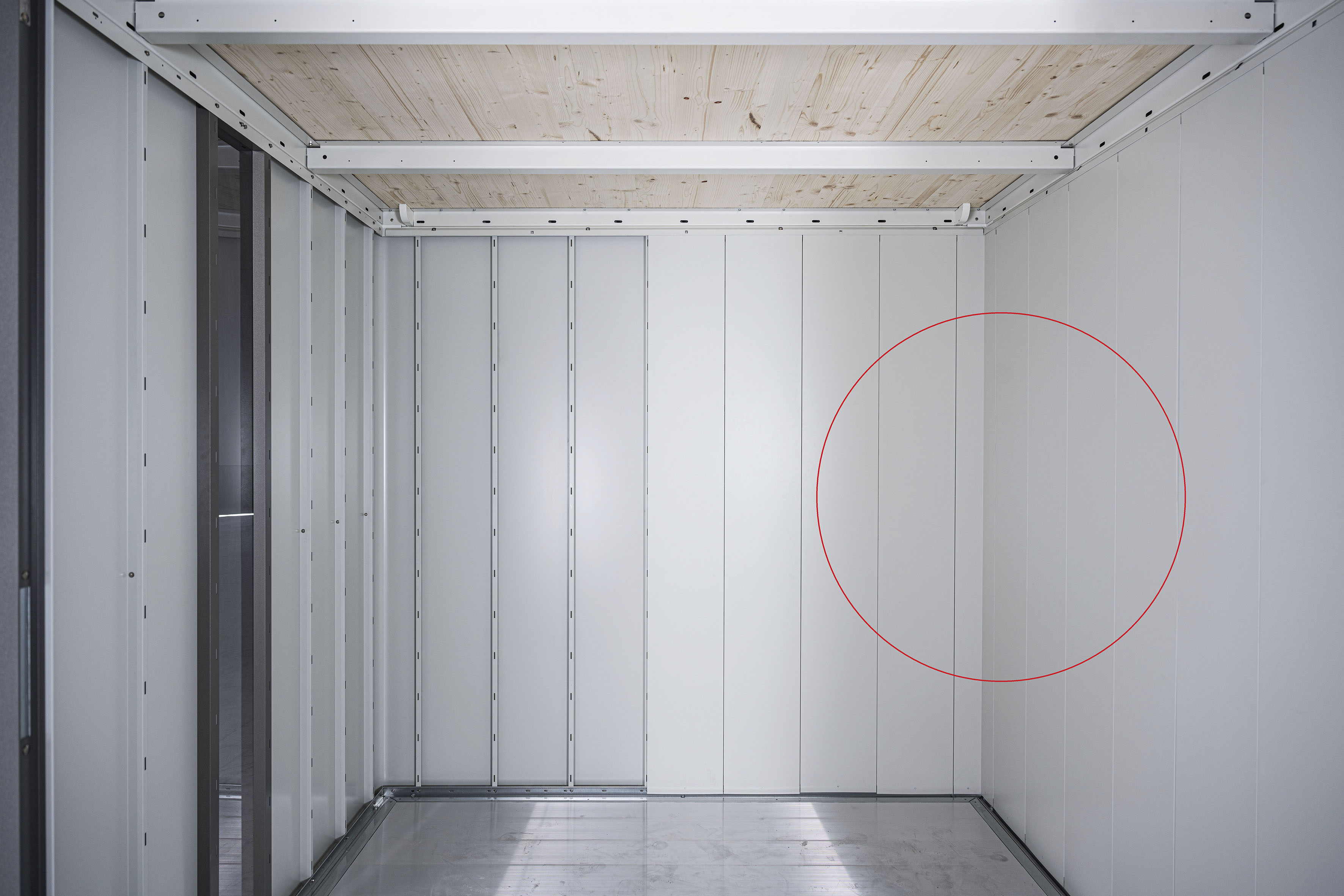 Gerätehaus-Innenwand BIOHORT, weiß, B:348cm H:222cm T:348cm, Stahlblech, Gartenhaus-Seitenwände, Innenverkleidung für Gerätehaus Neo 4D Image