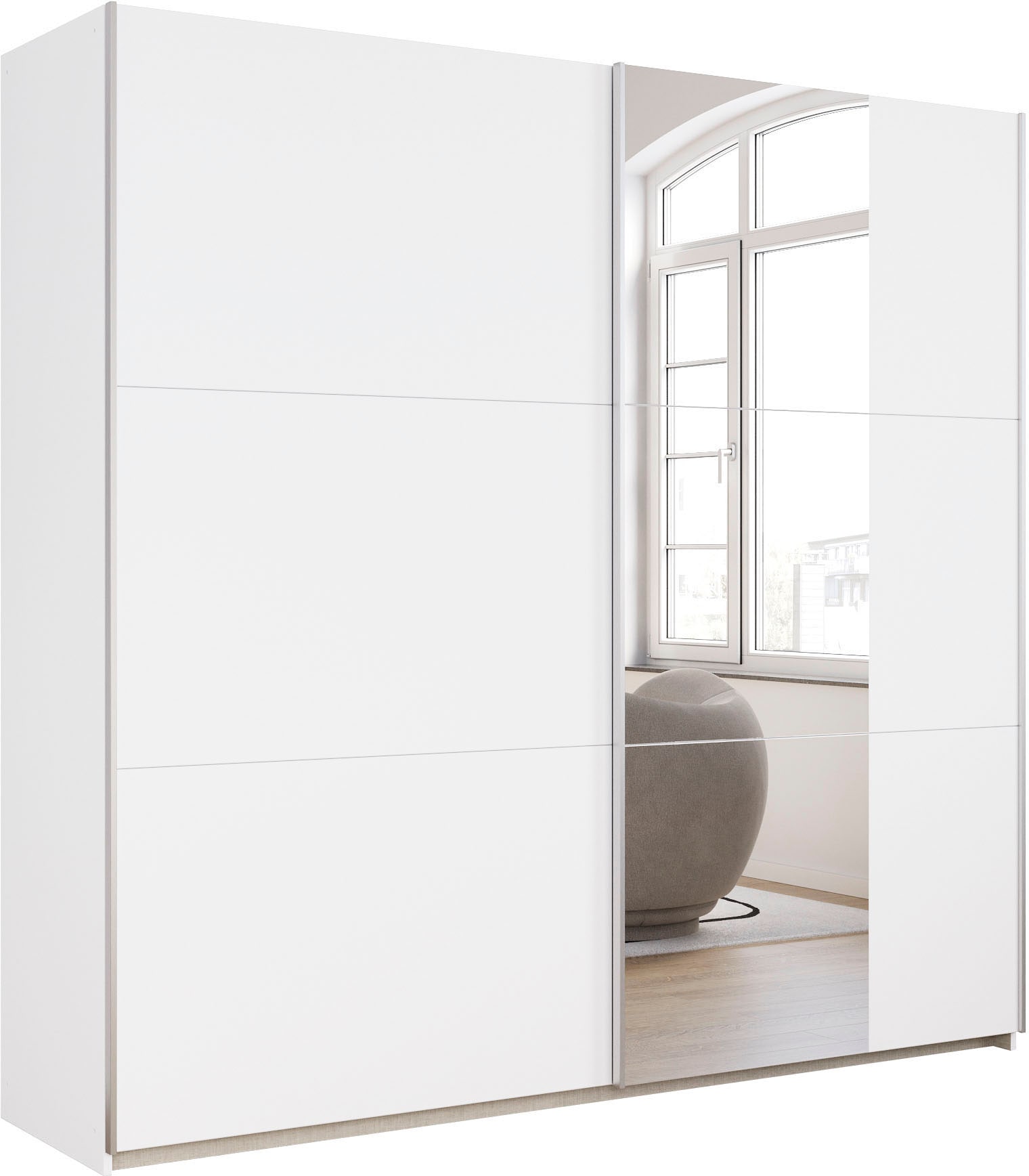 Schwebetürenschrank RAUCH "Kleiderschrank Drehtürenschrank Schrank Garderobe KRONACH TOPSELLER", weiß (alpinweiß, griffleisten alu, 1 spiegel), B:218cm H:210cm T:59cm, Holzwerkstoff, Schränke, Schwebetürenschrank, mit Spiegel und viel Stauraum,...