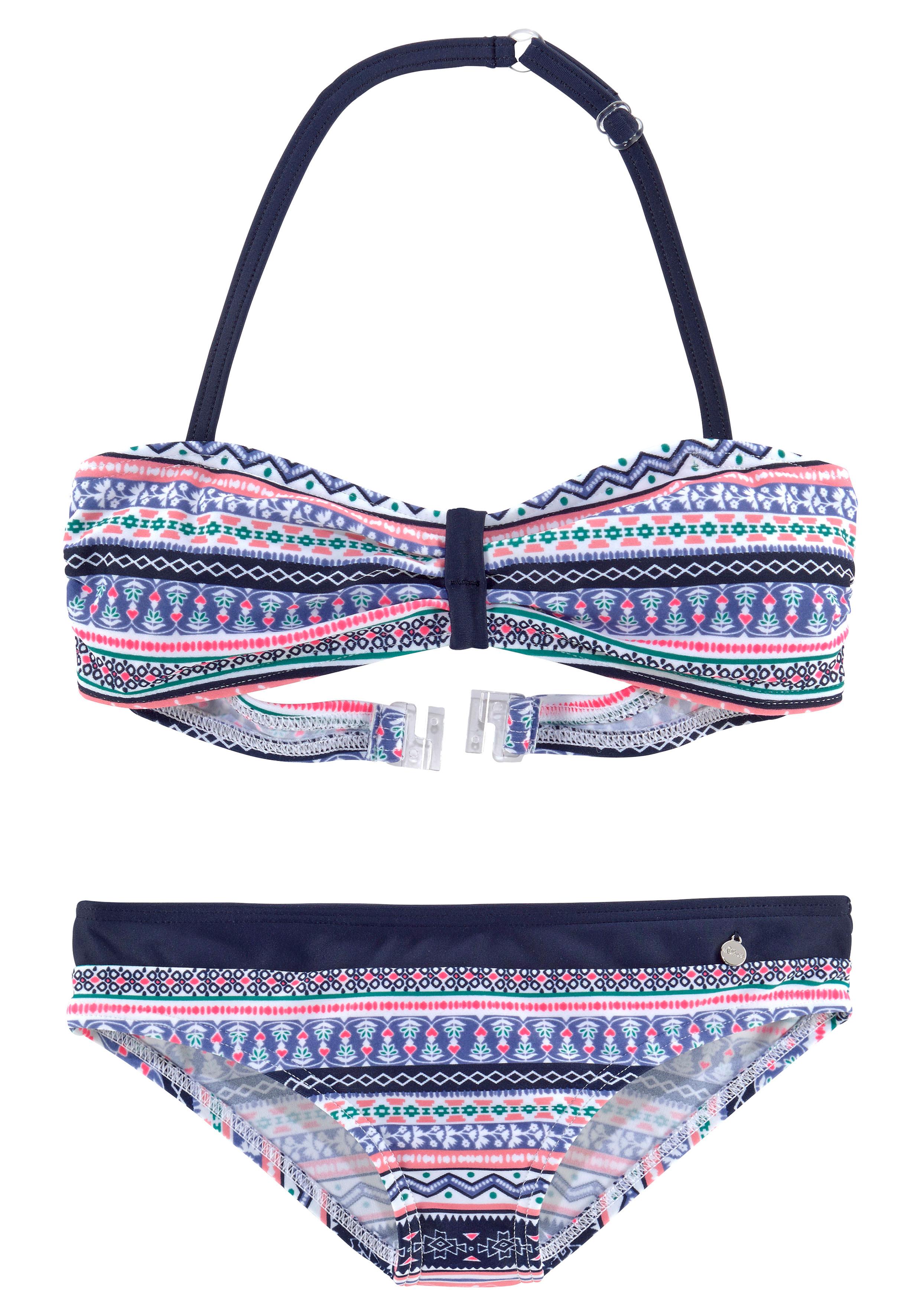 Bandeau-Bikini S.OLIVER "Barcelona Kids", Kinder, Gr. 146/152, N-Gr, bunt (blau, rosé, gestreift), Polyamid, Colorblocking, Bikini-Sets, im frechen Streifen-Look Image
