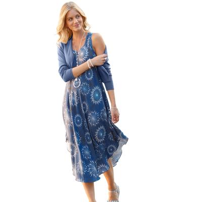 Druckkleid INSPIRATIONEN "Kleid", Damen, Gr. 46, Normalgrößen, blau (rauchblau, graphit, bedruckt), 100% Viskose, bedruckt, gemustert, mehrfarbig, wadenlang, Rundhals, ohne Ärmel, Kleider Image
