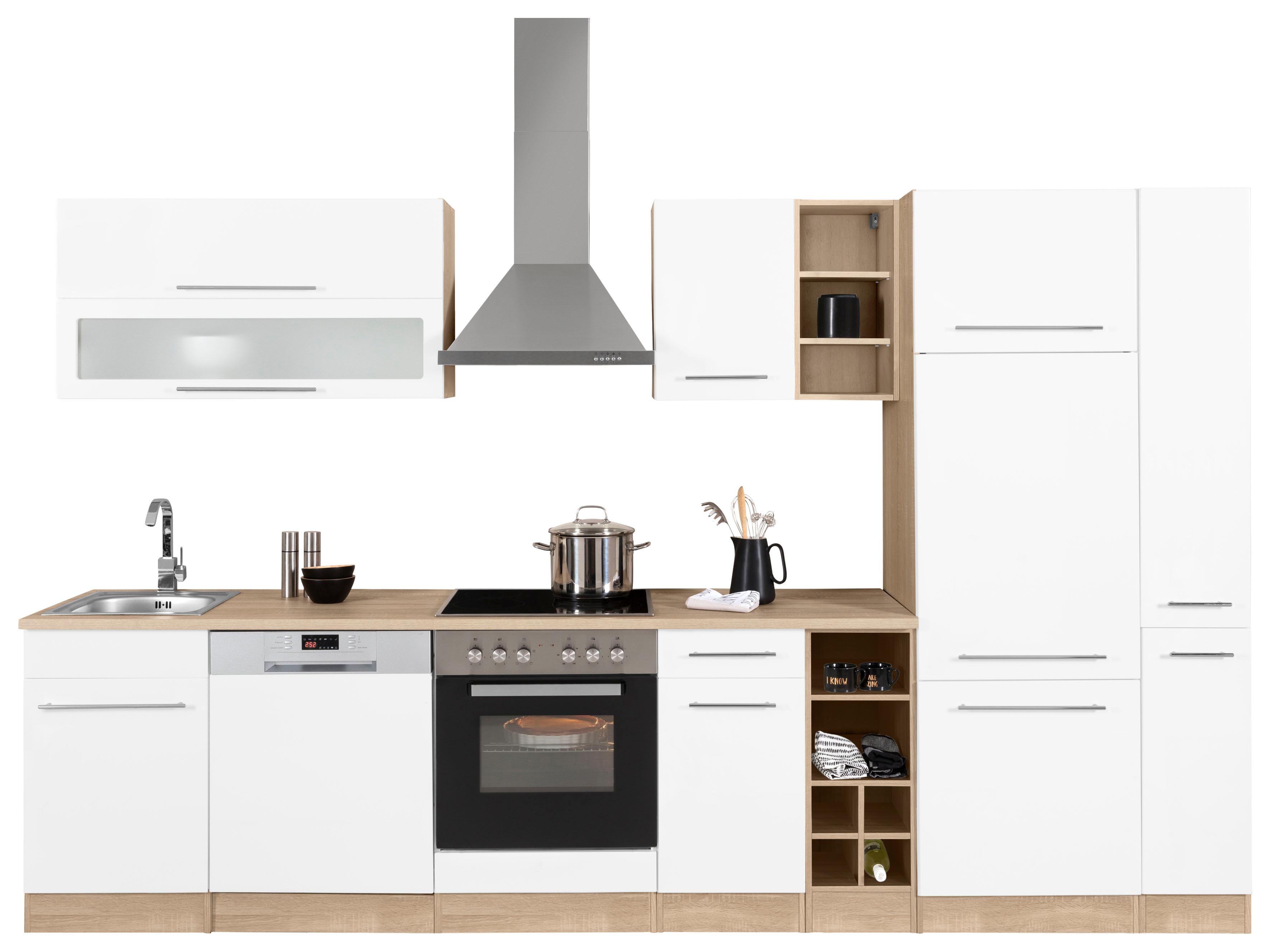 Küchenzeile KOCHSTATION "KS-Eton", weiß (küche: weiß, korpus: eichefarben, arbeitsplatte: eichefarben), B:330cm T:60cm, Komplettküchen-Sets, Küchenzeile, ohne E-Geräte, Breite 330 cm