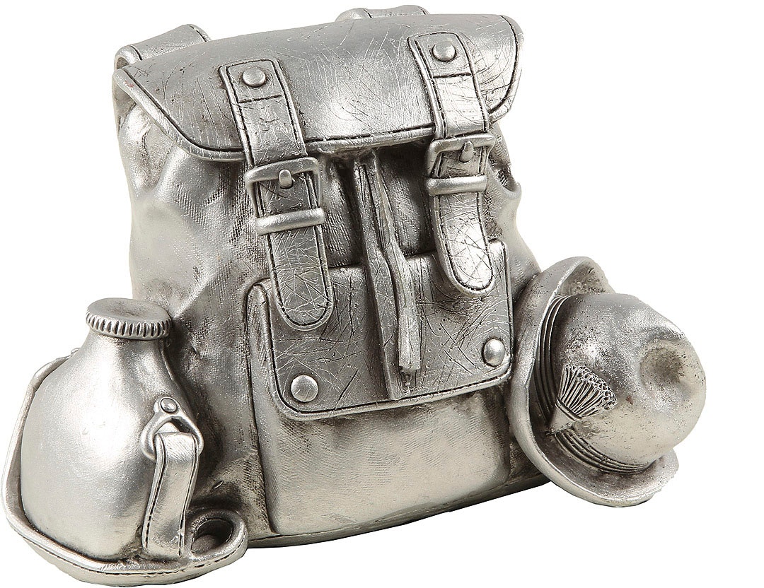 Spardose AMBIENTE HAUS "Rucksack, silberfarben", silber (altsilberfarben), B:16cm H:11cm T:9cm, Kautschuk, Spardosen, Sparschwein, Retro-Design, ideales Geschenk Image