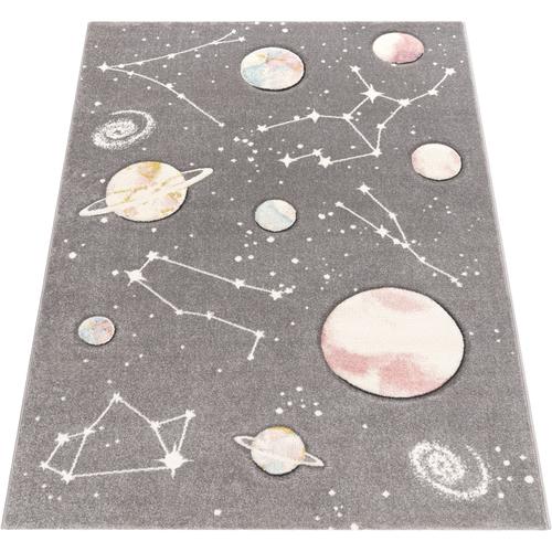 Kinderteppich PACO HOME ""Cosmo 347"" Teppiche Gr. B: 140cm, 12mm, L: 200cm, grau Kinder 3D-Design, Motiv Weltraum, Kinderzimmer