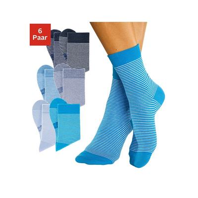 Socken H.I.S, Damen, Gr. 35-38, blau (marine, ecru, dunkeljeans, ecru, hellblau, ecru, jeans, ecru, türkis, ecru, babyblau, ecru), Baumwollmischung, Polyamid, Baumwolle, Elasthan, geringelt, meliert, elastisch, Socken, mit druckfreiem Bündchen Image