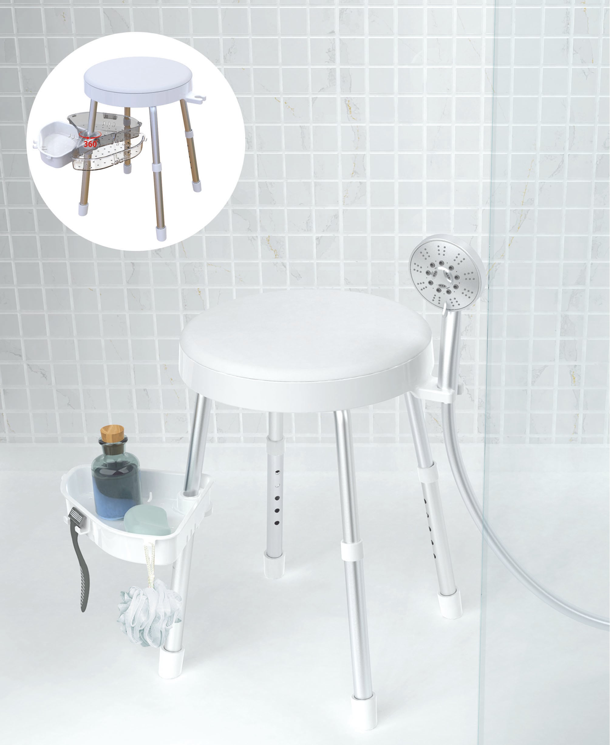 Dusch- und Badhocker BISCHOF "Rotate 2.0", weiß, Duschhocker, TÜV/GS geprüft, drehbare Sitzfläche und Ablage, in 2 Farben