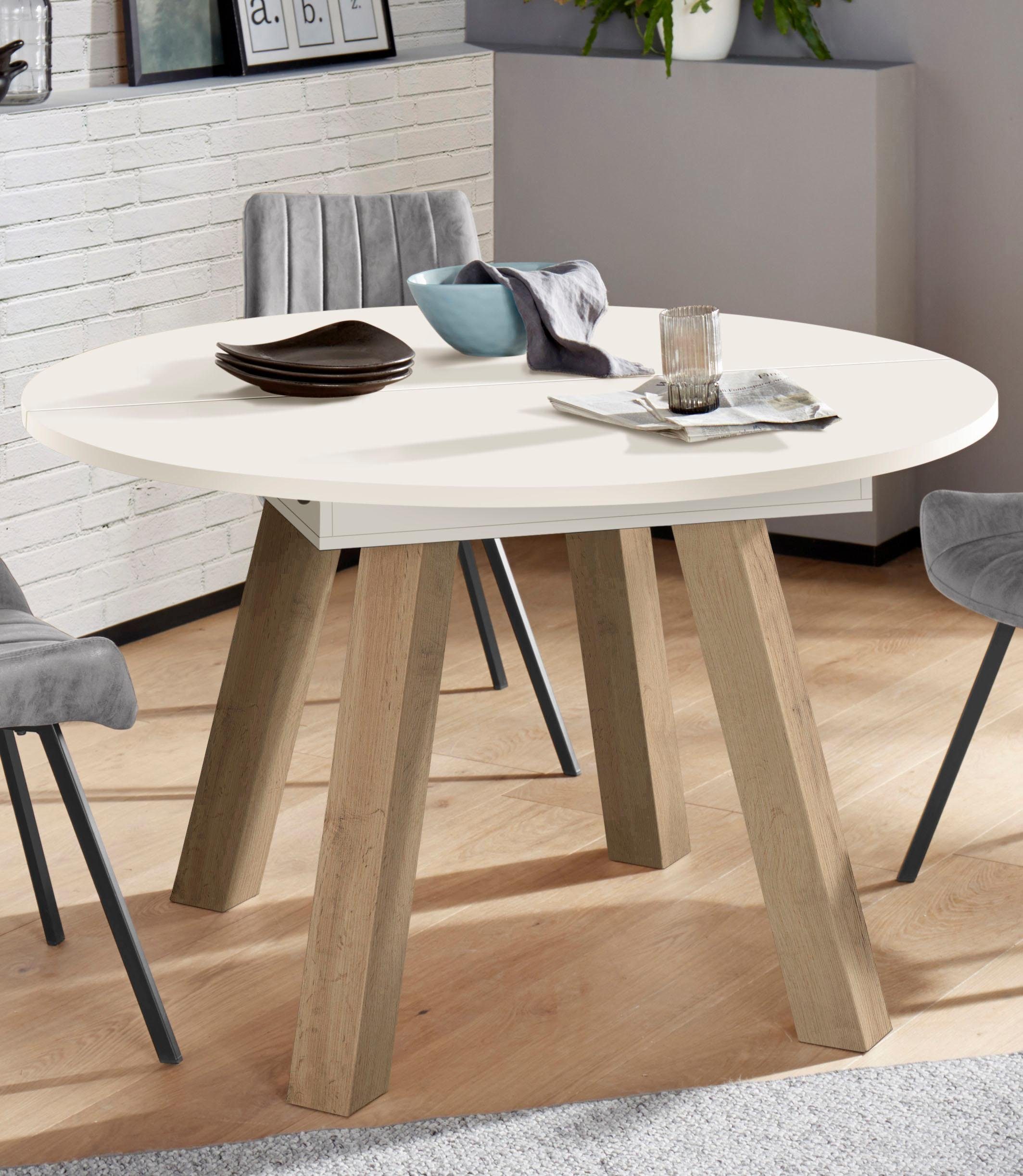 Esstisch MÄUSBACHER, weiß (tischplatte: weiß matt lack), B:130cm H:78cm T:130cm, Tische, Runde Esstische Esstisch Holz-Esstische, Untergestell schräg gestellt