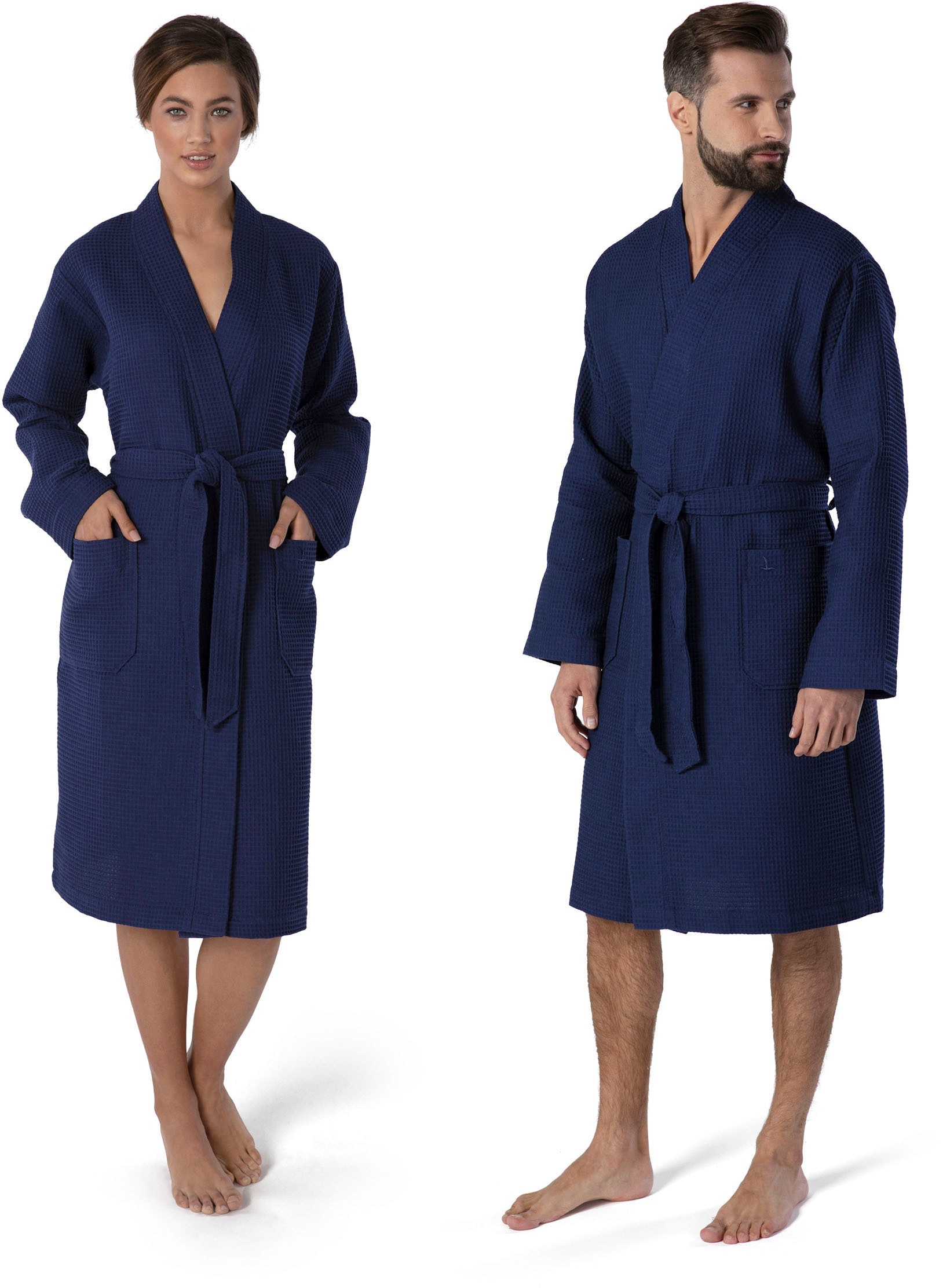 Kimono MÖVE "Homewear, ideal für Sauna & Spa, Hotelbademantel, Morgenmantel" Gr. L, blau (dunkelblau), L:110cm, Piqué, Hausmäntel, Piquée-Oberfläche Image