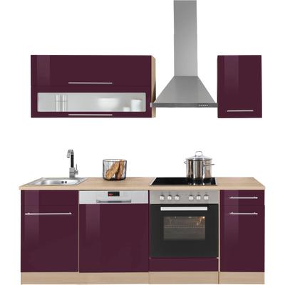 Küchenzeile KOCHSTATION "KS-Eton", lila (front: aubergine hochglanz, korpus: eichefarben, arbeitsplatte: eichefarben), B:210cm T:60cm, Komplettküchen-Sets, ohne E-Geräte, Breite 210 cm Image