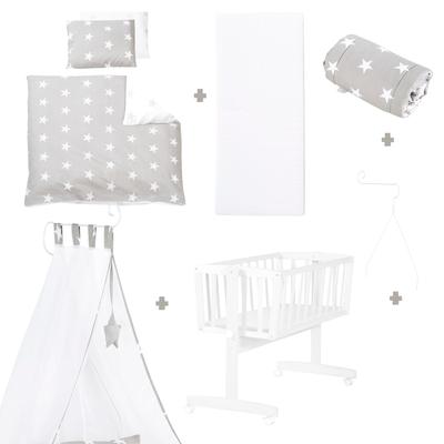 Stubenbett ROBA "Komplettwiegenset, Little Stars", Baby, Gr. Liegefläche B/L: 40cm x 90cm, kein Härtegrad, weiß, Holz, Textil, Babybetten, mit Komplettausstattung