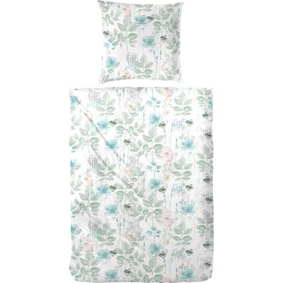 Bettwäsche PRIMERA "Aquaflower", grün (weiß, grün), B/L: 135cm x 200cm, , Flanell, B/L: 80cm x 80cm, Flanell, Obermaterial: 100% Baumwolle, Bettwäsche, mit zarten Blumen Image