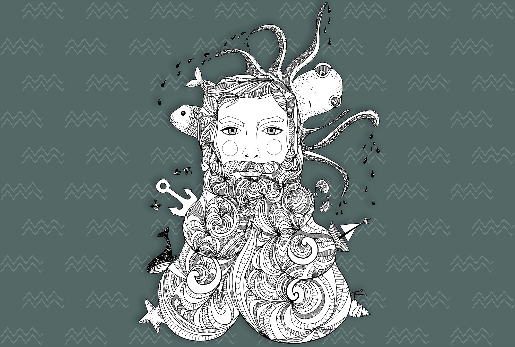 Fototapete LIVING WALLS "ARTist Aquarius", grün (grün, schwarz, weiß), B:4m L:2,7m, Vlies, Tapeten, Vlies, Wand, Schräge