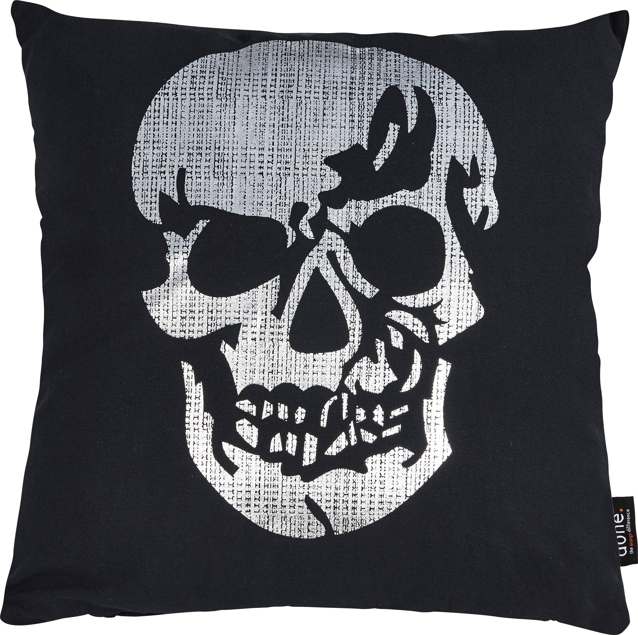 Dekokissen DONE. "Stone Skull", silber (silberfarben, bedruckt), B:65 L:65, Baumwolle, Dekokissen_Sitzkissen_Kissenhüllen, mit Totenkopf-Applikation, Kissenhüle mit Füllung, 1 Stück Image